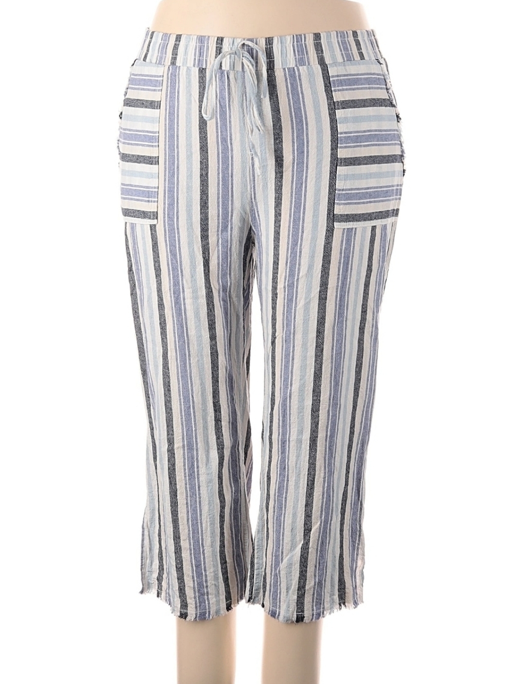 Linen Blend Westbound Crop Pants Blue White Stripe Drawstring Frayed Hem 2X Plus